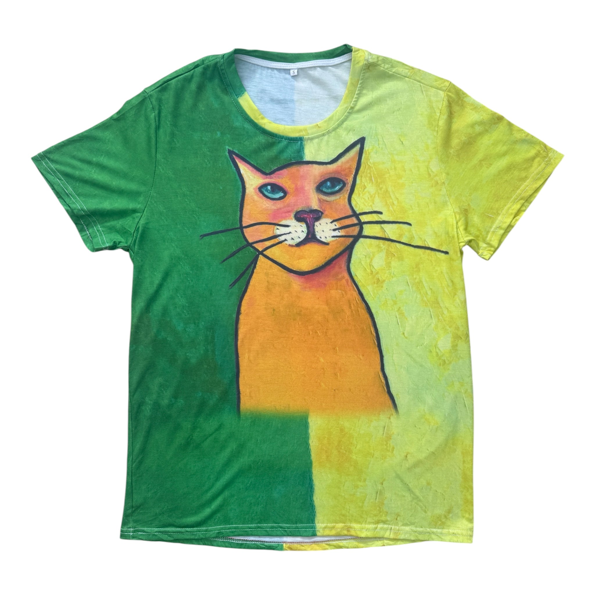 T-Shirt Vintage Cat All-Over Print Bicolore Vert Jaune