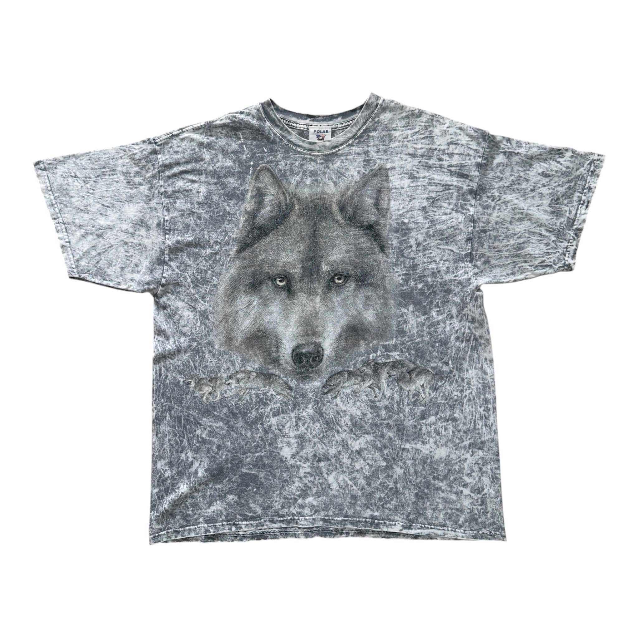 T-Shirt Vintage Polar Wolf All-Over Print Acid Wash Gris