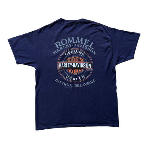 T-Shirt Vintage Harley-Davidson Rommel Dealer Smyrna Delaware Bleu Marine